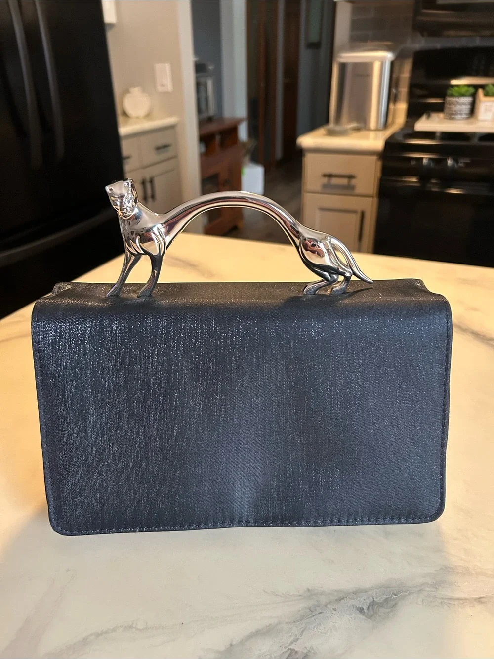 Elegant Black Evening Clutch Handbag With Silver Panther Handle